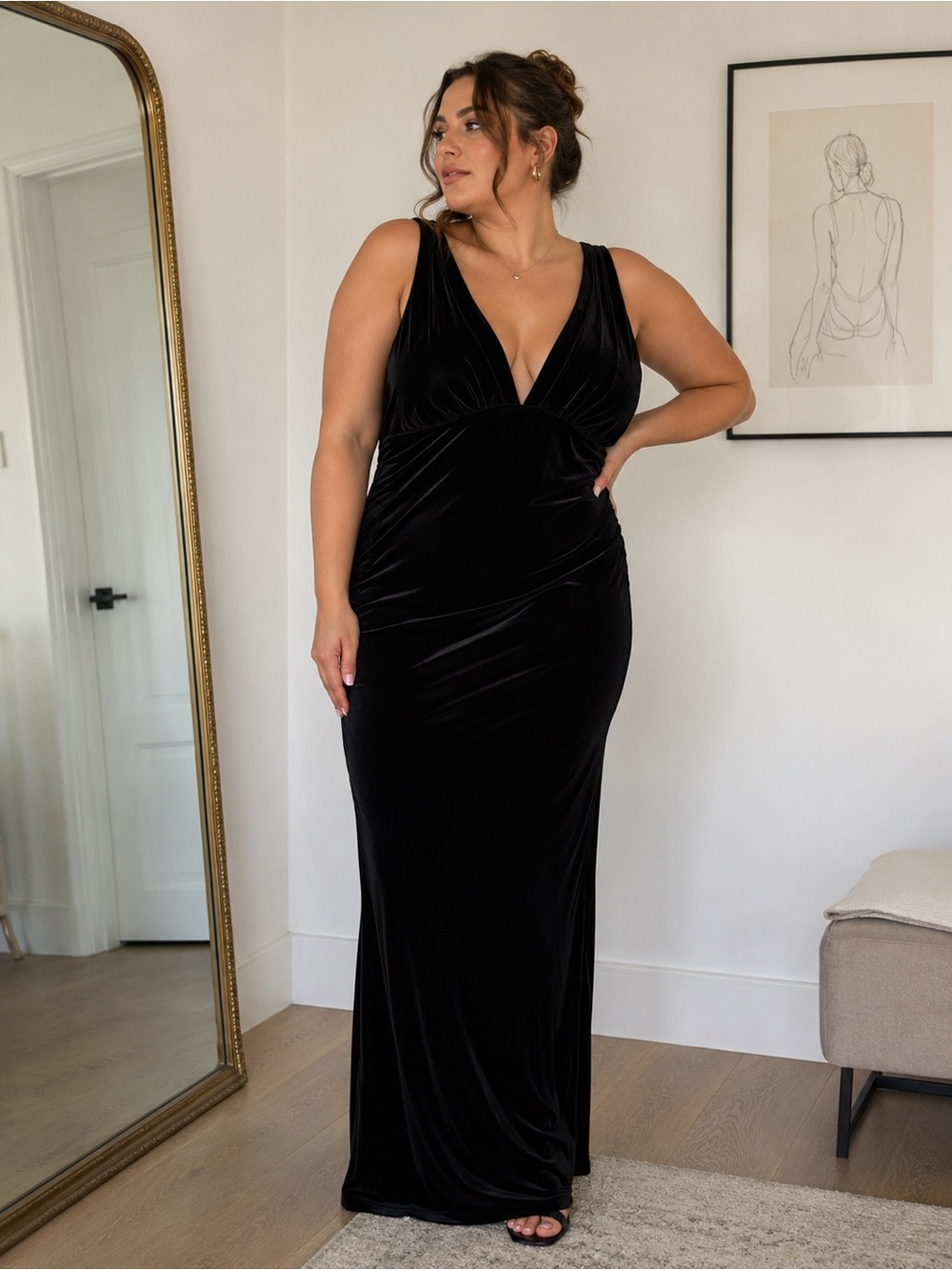Le Château Black Velvet Maxi Gown Formal Dress XL Vintage Deep V Wedding Holiday - Picture 1 of 14